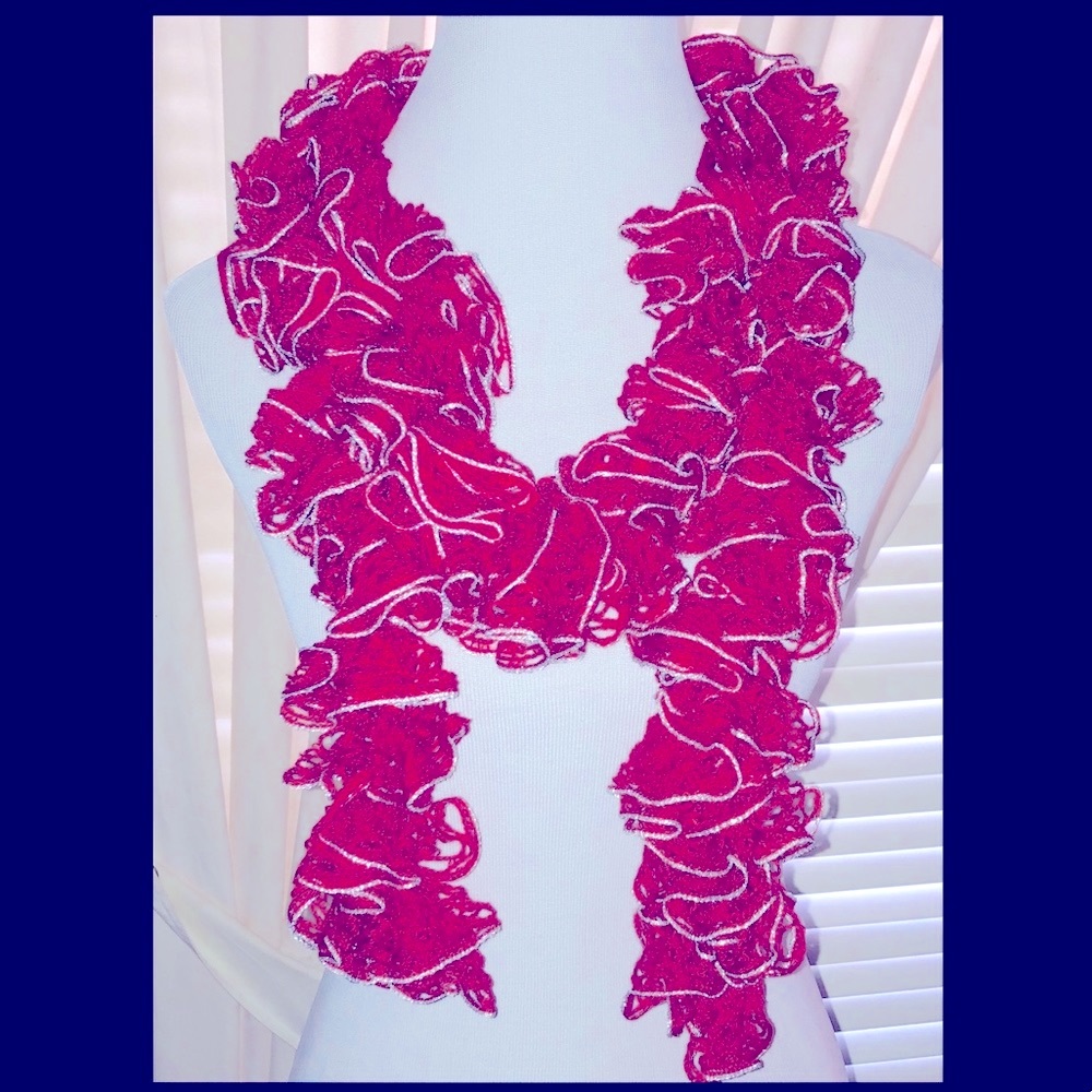 Handmade Ruffle Crochet Scarf, Red w/Silver - Picture 3 of 7